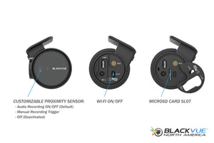 Side View Showing Proximity Sensor. Cable Ports, and MicroSD Slots | BlackVue DR750X-2CH-PLUS | BlackVue North America